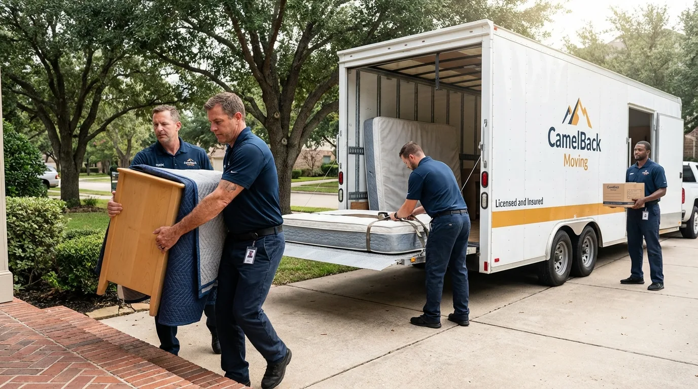 Crew loading residential truck for cross-state move from Dupo, IL