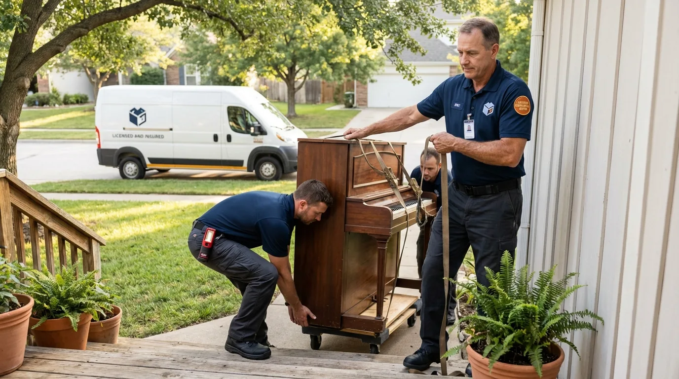 Licensed piano movers securing grand piano in Dupo, IL