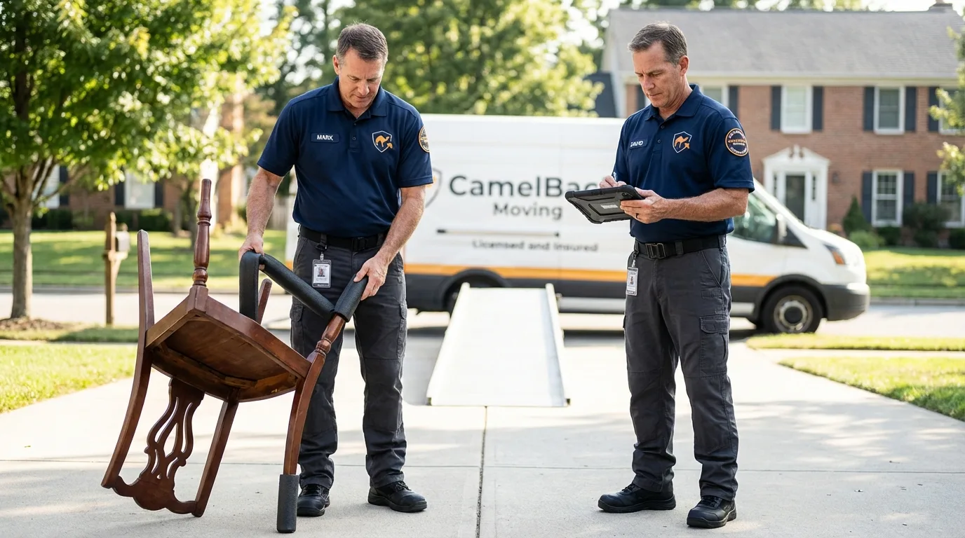 Movers inspecting furniture for damage prevention before loading in Dupo, IL