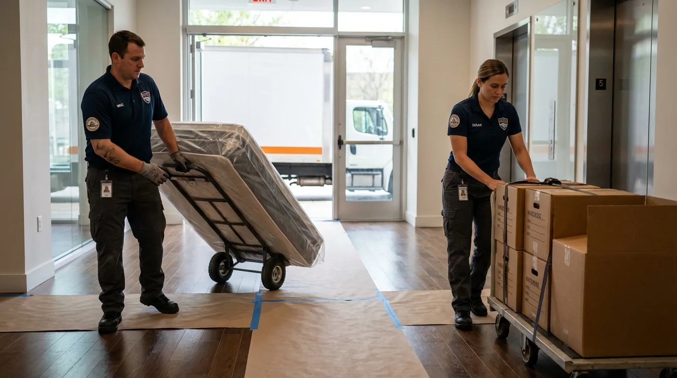 Professional apartment movers loading elevator in Dupo, IL