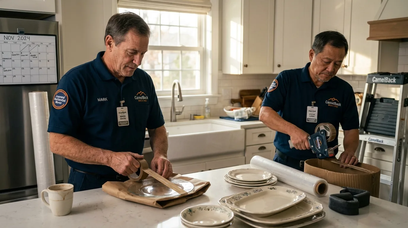Professional crew packing kitchen dishware in Dupo, IL